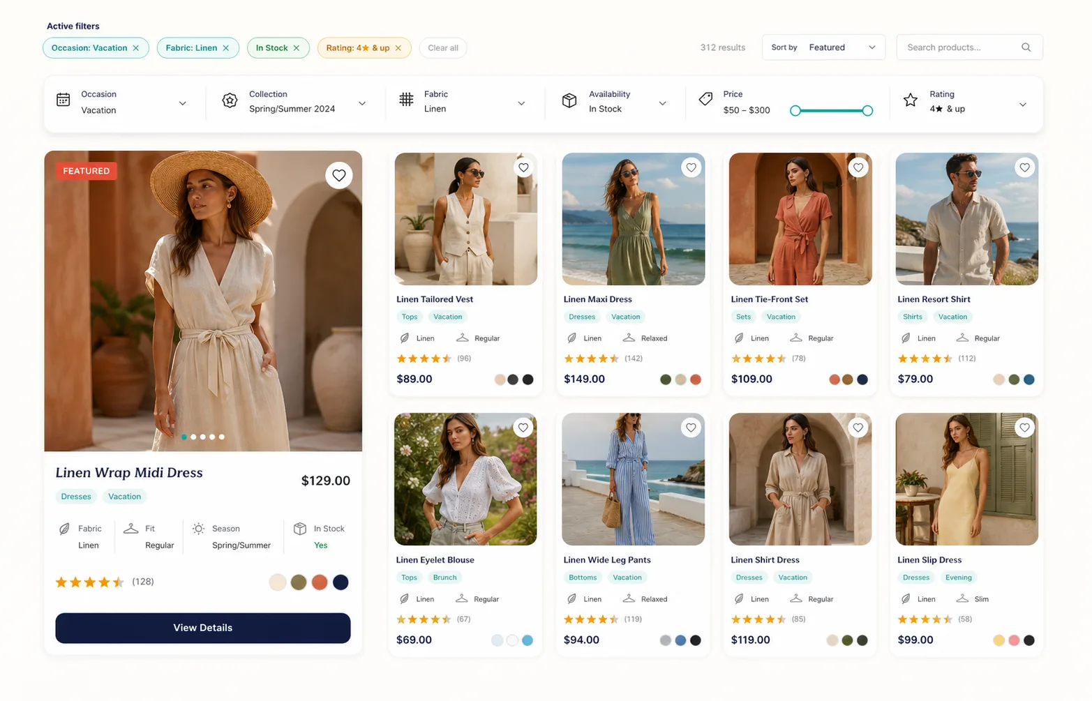 Modern fashion store landing page with custom field filters and dynamic product cards