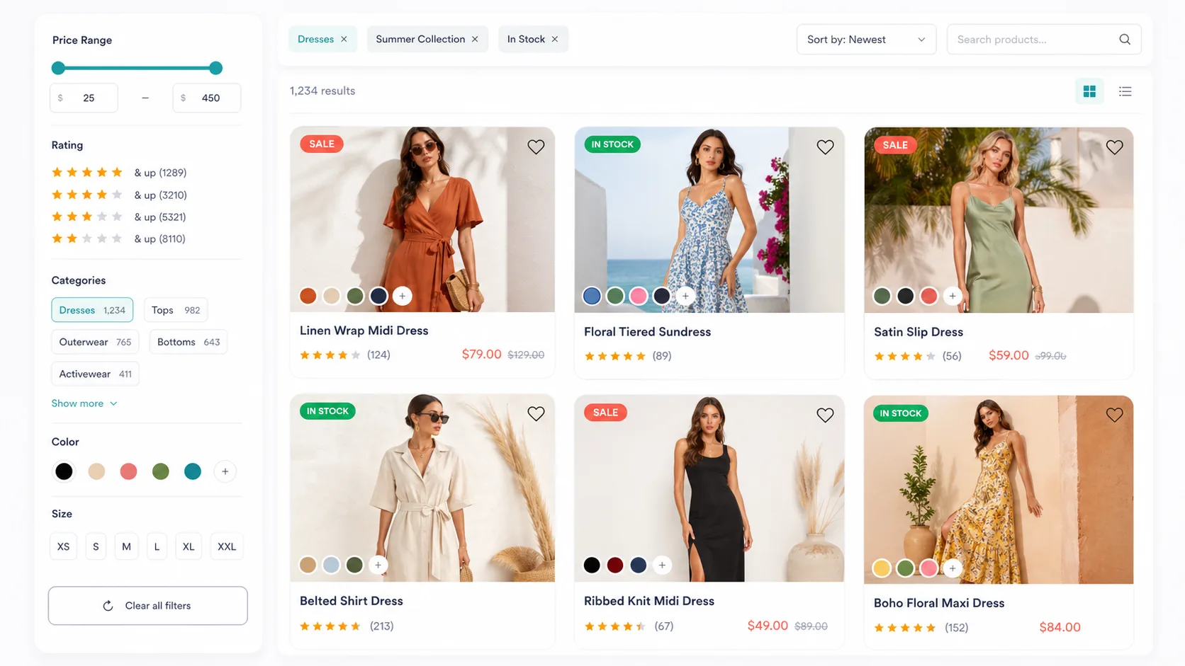 Modern fashion store product filtering interface with price, rating, category, color, and size facets