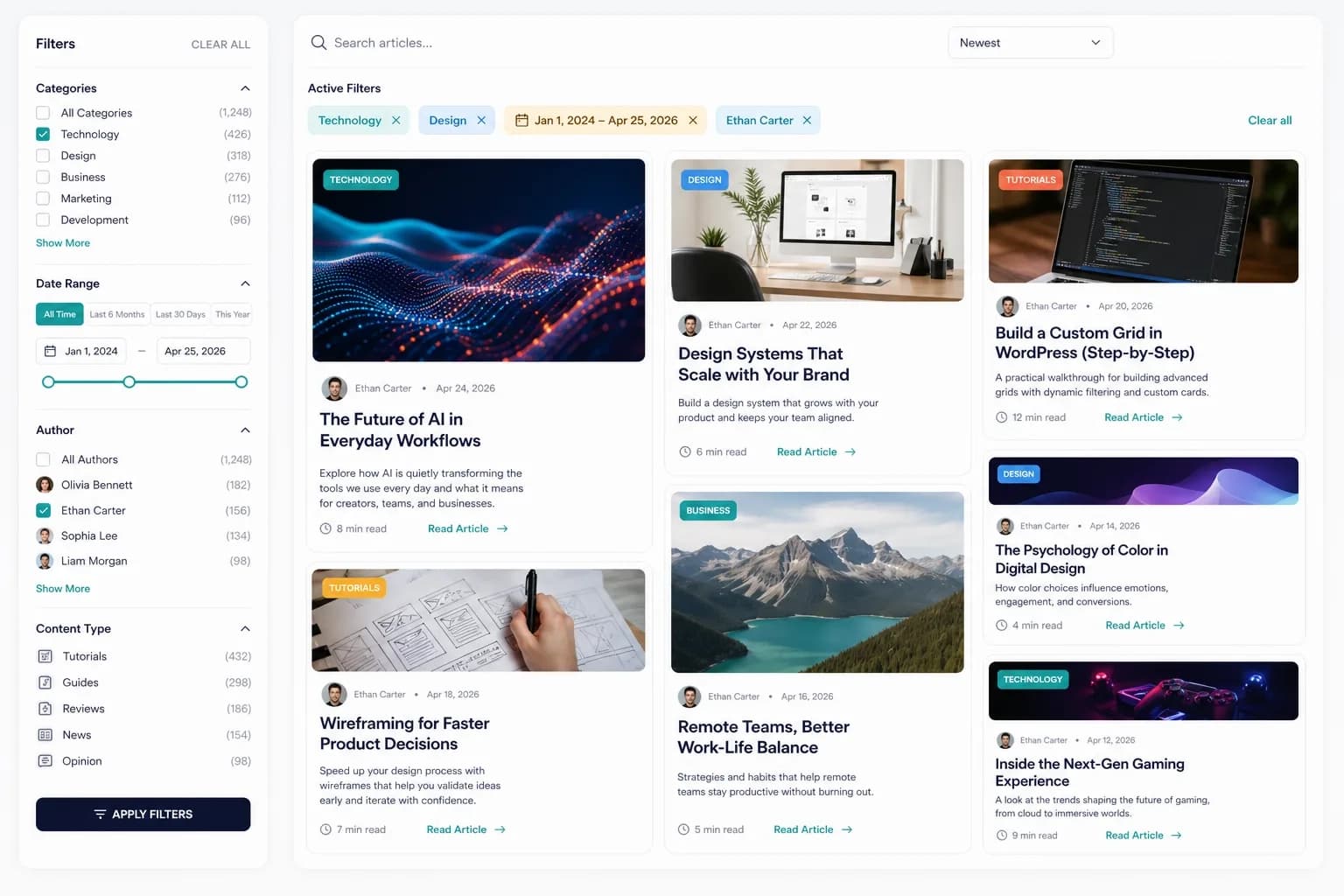 Grid Panda blog archive filtering and masonry card layout hero