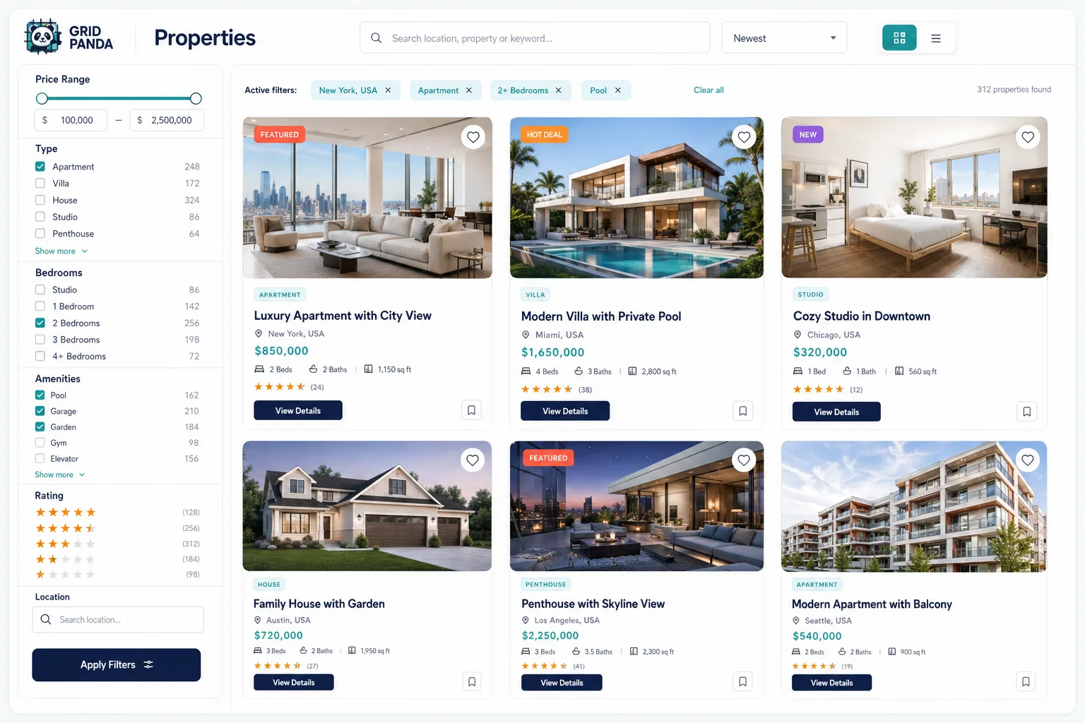 Grid Panda real estate property listing filter layout hero