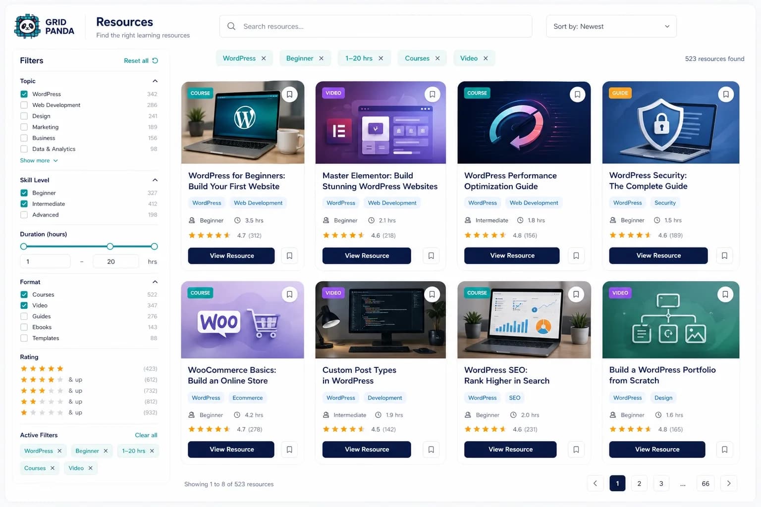 Grid Panda course and resource finder filter layout hero