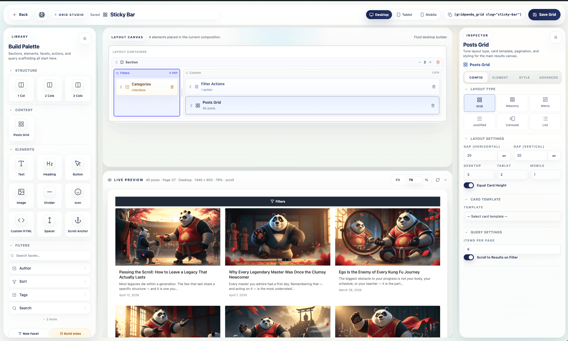 Grid Panda feature inventory and filtered layout screenshot